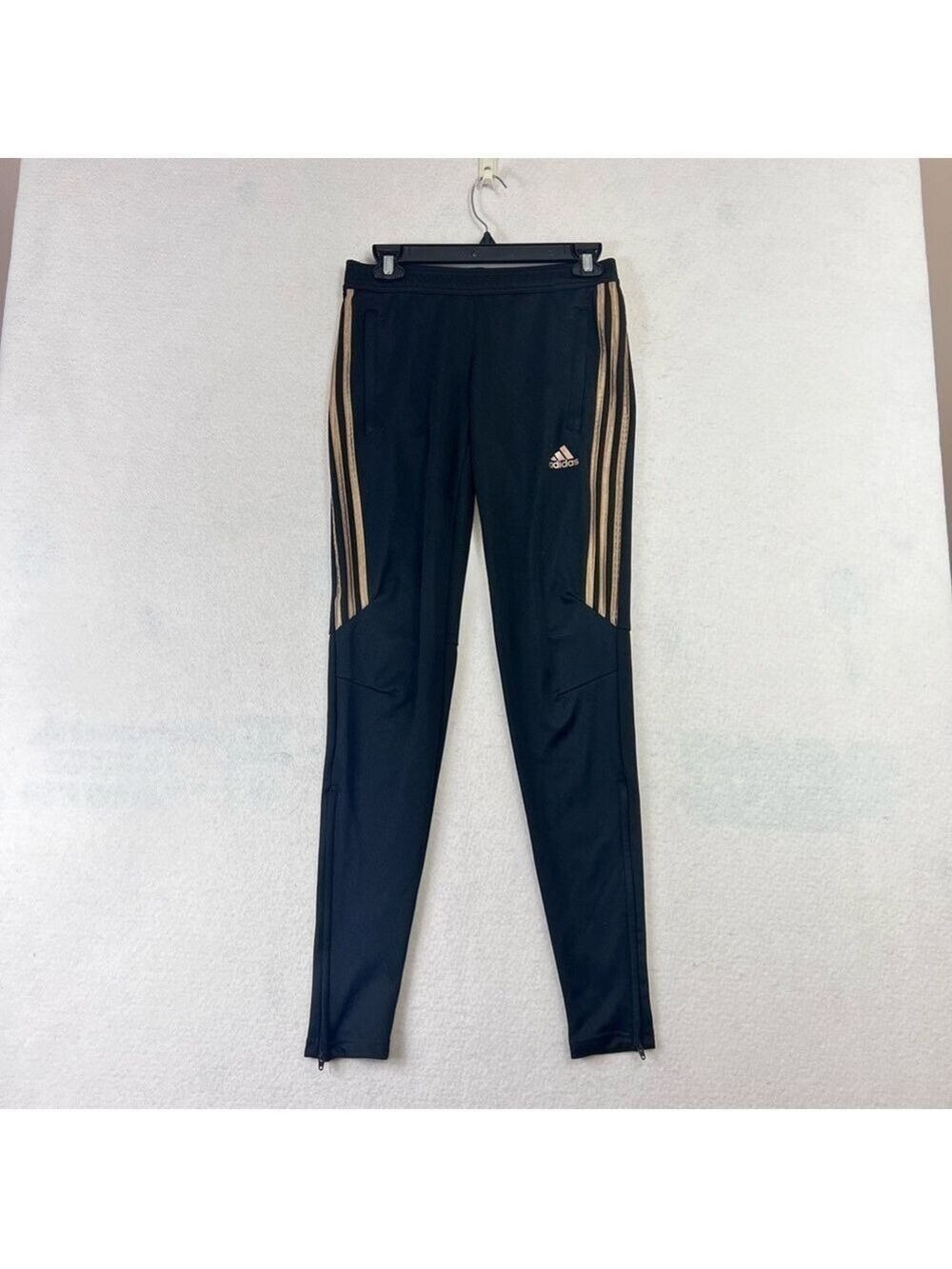 Adidas Womens Tiro 17 Black Tapered Training Pants Sz XS Gold Stripe Track Zip
